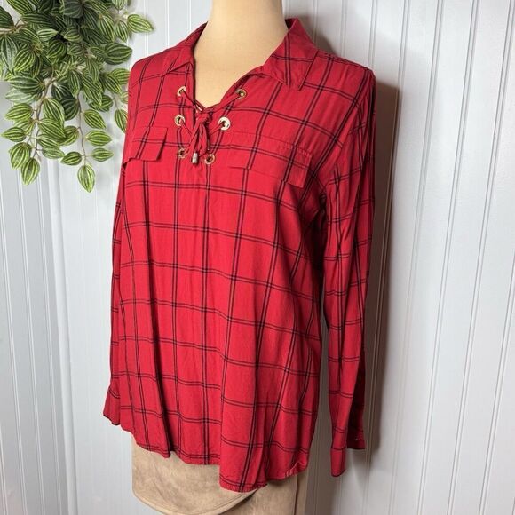 Calvin Klein Sz S Women's Windowpane Print Lace-Up Top Red Plaid  V Neck 0127 - Picture 1 of 16